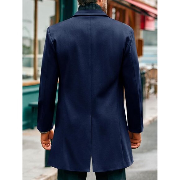 Men Navy Blue Trench Coat Double Breasted Mid Long Jacket Casual Belted Overcoat - Picture 3 of 5